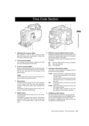 Page 2323Parts and their FunctionsTime Code Section
 Parts and their Functions
1.GENLOCK IN connector (BNC)
This connector is used to input a reference signal
before the camera unit is gen-locked, or before the
time code is externally locked. 
2.TC IN connector (BNC)
This connector is used to input a reference time code
when you externally lock the time code.
3.TC OUT connector (BNC)
When you inter-lock the time code of camera-recorder
with that of an external device this must be connected
with the time code...