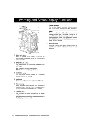 Page 2424Parts and their FunctionsWarning and Status Display Functions
1.Back tally lamp
When the 2.BACK TALLY switch is set to [ON], the
lamp behaves in the same way as the front tally lamp
at the viewfinder. 
2.BACK TALLY switch
This switch controls the action of the 1.back and 8.rear
tally lamps.
ON:Back and rear tally lamps enabled.
OFF:Back and rear tally lamps disabled.
3.WARNING lamp
This lamp starts blinking or lights up if something
unusual occurs in the memory.
4.USB lamp
Stays on when the...