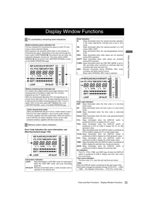 Page 2525Parts and their FunctionsDisplay Window Functions
 Parts and their Functions
Error Code Indication (for more information, see 
[Warning System] (page 145))
Display Window Functions
P2 card/battery-remaining level indications
Memory action status indication
LOOP
h
MEDIAEF
Y minMsfrm
1324
0
D
VTCGTIME DATEP-iREC
SLAVE HOLD W GPS
BATTEF
OVER OVER
10
OO40
-dB30 18
HDV
OP-SLOT
CTL
NDF
Battery-remaining level indication bar
For a battery with a digital indicator (percentage indication), if the 
remaining...