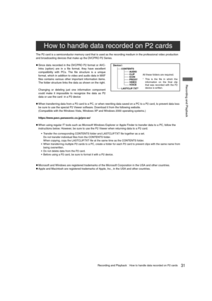 Page 3131Recording and PlaybackHow to handle data recorded on P2 cards
 Recording and Playback
The P2 card is a semiconductor memory card that is used as the recording medium in the professional video production 
and broadcasting devices that make up the DVCPRO P2 Series.
zSince data recorded in the DVCPRO P2 format or AVC-
Intra (option) are in a file format, they have excellent
compatibility with PCs. The file structure is a unique
format, which in addition to video and audio data in MXF
files contains...