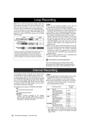 Page 3636Recording and PlaybackLoop Recording
When two or more P2 card slots contain cards, this
function allows the target P2 card to be switched in order.
Even when the free space of a P2 card is used up, this
function continues recording while erasing existing data. 
To use this function, the menu option LOOP REC MODE
must be set to “ON” The option LOOP REC MODE can be
found in the  screen on the SYSTEM
SETTING page.‹Notes
zWhen the loop recording capability is used, each P2
card must have at least one...