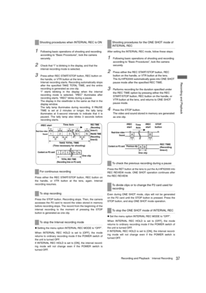 Page 3737Recording and PlaybackInterval Recording
 Recording and Playback
1Following basic operations of shooting and recording 
according to “
Basic Procedures”, lock the camera 
securely.
2Check that “i” is blinking in the display, and that the 
interval recording mode is selected.
3Press either REC START/STOP button, REC button on 
the handle, or VTR button at the lens.
Interval recording starts. Recording automatically stops
after the specified TAKE TOTAL TIME, and the entire
recording is generated as one...