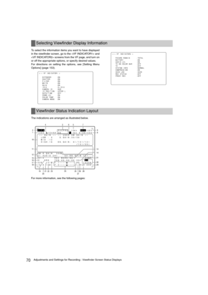 Page 7070Adjustments and Settings for Recording : Viewfinder Screen Status Displays
To select the information items you want to have displayed
in the viewfinder screen, go to the  and
 screens from the VF page, and turn on
or off the appropriate options, or specify desired values. 
For directions on setting the options, see [Setting Menu
Options] (page 153).
The indications are arranged as illustrated below.
For more information, see the following pages:
Selecting Viewfinder Display Information
#< VF INDICATOR1...