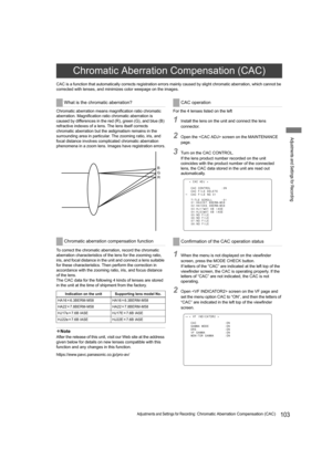 Page 103103Adjustments and Settings for Recording: Chromatic Aberration Compensation (CAC)
Adjustments and Settings for Recording
CAC is a function that automatically corrects registration errors mainly caused by slight chromatic aberration, which cannot be 
corrected with lenses, and minimizes color weepage on the images.
Chromatic aberration means magnification ratio chromatic 
aberration. Magnification ratio chromatic aberration is 
caused by differences in the red (R), green (G), and blue (B) 
refractive...