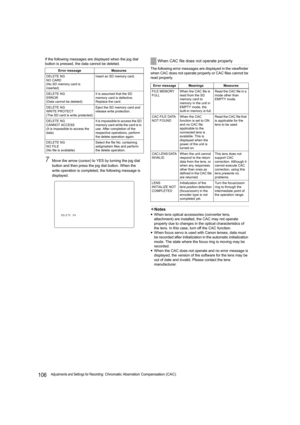 Page 106106Adjustments and Settings for Recording: Chromatic Aberration Compensation (CAC) If the following messages are displayed when the jog dial 
button is pressed, the data cannot be deleted.
7Move the arrow (cursor) to YES by turning the jog dial 
button and then press the jog dial button. When the 
write operation is completed, the following message is 
displayed.The following error messages are displayed in the viewfinder 
when CAC does not operate properly or CAC files cannot be 
read properly.
