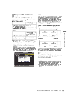 Page 133133Manipulating Clips with Thumbnails: Setting of Clip Meta Data
Manipulating Clips with Thumbnails
S e l e c t  M E TA  D ATA   USER CLIP NAME from the 
thumbnail menu to select the recording method. Two options 
are available: TYPE1 and TYPE2.
