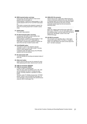 Page 2121Parts and their Functions: Shooting and Recording/Playback Functions Section
Parts and their Functions
20. REW (rewind) button and lamp
During pause, this button performs a fast-reverse 
playback with the lamp lights on.
During playback, it performs an approximately 4