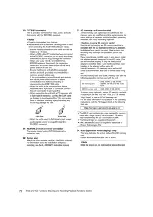 Page 2222Parts and their Functions: Shooting and Recording/Playback Functions Section
30. DVCPRO connector
This is an output connector for video, audio, and data 
that comply with the IEEE1394 standard.
