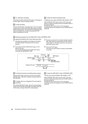 Page 4242Recording and Playback: Interval Recording Press either the REC START/STOP button or VTR button at 
the lens, again. Interval recording resumes.
Press the STOP button. Recording stops. Then, the camera 
accesses the P2 card to record the video stored in memory 
before recording stops. The record from the beginning of the 
interval recording to the moment of pressing the STOP 
button is generated as one clip.ySetting the menu option INTERVAL REC MODE to “OFF”.
When INTERVAL REC HOLD is set to “OFF”, the...