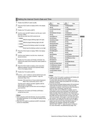 Page 6565Adjustments and Settings for Recording: Setting Time Data
Adjustments and Settings for Recording
1Position the DISPLAY switch at [UB].
2Press the HOLD button to display DATE in the display 
window.
3Position the TCG switch at [SET].
4Use the cursor and SET buttons to set the year, month 
and day (Y/M/D).
Note that any later than 2030 cannot be set.
Z button:
Shifts the target (blinking) digit to the right.
Y button:
Shifts the target (blinking) digit to the left.
U button:
Advances the blinking number...