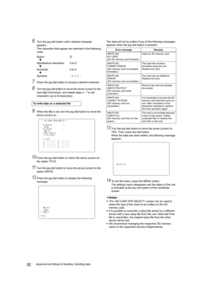 Page 9292Adjustments and Settings for Recording: Handling data
6Turn the jog dial button until a desired character 
appears.
The characters that appear are switched in the following 
order:
7Press the jog dial button to accept a desired character.
8Turn the jog dial button to move the arrow (cursor) to the 
next digit (clockwise), and repeat steps 6 - 7 to set 
characters (up to 8 characters).
9When the title is set, turn the jog dial button to move the 
arrow (cursor) to : .
10Press the jog dial button to...