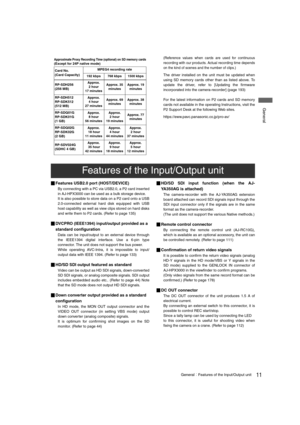 Page 1111GeneralFeatures of the Input/Output unit
 General
(Reference values when cards are used for continuous
recording with our products. Actual recording time depends
on the kind of scenes and the number of clips.)
The driver installed on the unit must be updated when
using SD memory cards other than as listed above. To
update the driver, refer to [Updating the firmware
incorporated into the camera-recorder] (page 193)
For the latest information on P2 cards and SD memory
cards not available in the...