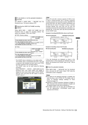 Page 125125Manipulating Clips with Thumbnails : Setting of Clip Meta Data
 Manipulating Clips with Thumbnails
S e t  O N / O F F  i n  M E TA  D ATA  > RECORD from the
thumbnail menu. The factory setting is OFF.
S e l e c t  M E TA  D ATA  
> USER CLIP NAME from the
thumbnail menu to select the recording method. Two
options are available: TYPE1 and TYPE2.
* The COUNT value is indicated as a four-digit number.
The COUNT value is incremented each time a new clip
is captured if clip metadata has been read in and...