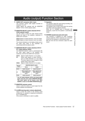 Page 1717Parts and their FunctionsAudio (output) Function Section
 Parts and their Functions
9.AUDIO OUT connector (XLR, 5-pin)
This connector outputs audio signals recorded on
Channels 1/2 or 3/4. 
Output signals are selected with the MONITOR
SELECT  CH1/2 / CH3/4 selector switch.
10.MONITOR SELECT (audio channel) CH1/2 / 
CH3/4 selector switch
Use this switch to select the audio channel whose
signals are output to the speakers, earphones or
AUDIO OUT connector.
CH1/2:Signals on Audio Channels 1 and 2 are...