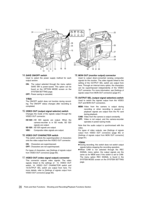 Page 2020Parts and their FunctionsShooting and Recording/Playback Functions Section
14.SAVE ON/OFF switch 
Used to select the power supply method for each
output section.
ON:The output selected through the menu option
SAVE SW is power-saved. This option can be
found on the OPTION MODE screen on the
SYSTEM SETTING page.
OFF:Power saving is canceled. 
‹Note
The ON/OFF switch does not function during record-
ing. The ON/OFF status changes after recording is
completed. 
15.VIDEO OUT (output signal selector)...