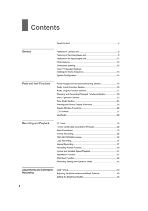 Page 4AJ-HPX2000P(English)TOC.fmmaster: left
Contents
4
Read this first! ..................................................................................2
GeneralFeatures of Camera unit....................................................................8
Features of Recorder/player unit.......................................................9
Features of the Input/Output unit.....................................................11
Other...