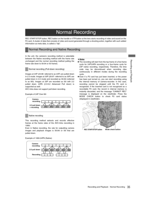 Page 3535Recording and PlaybackNormal Recording
 Recording and Playback
REC START/STOP button, REC button on the handle or VTR button at the lens starts recording of video and sound on the 
P2 card. A cluster of data that consists of video and sound generated through a shooting action, together with such added 
information as meta data, is called a “clip”.
In the unit, the camera’s recording method is selectable
between the Native recording method with the frame rate
unchanged and the normal recording method...