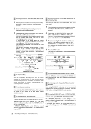 Page 3838Recording and PlaybackInterval Recording
1Following basic operations of shooting and recording 
according to “
Basic Procedures”, lock the camera 
securely.
2Check that “i” is blinking in the display, and that the 
interval recording mode is selected.
3Press either REC START/STOP button, REC button on 
the handle, or VTR button at the lens.
Interval recording starts. Recording automatically stops
after the specified TAKE TOTAL TIME, and the entire
recording is generated as one clip.
“i” starts...