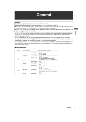 Page 77General
 General
The unit is a solid CCD camera recorder integrating 2/3-inch 2.2-megapixel components that support interlaced/progressive 
drive (reading all pixels) and record/playback that supports the compression format for AVC-Intra100, AVC-Intra50 and 
DVCPRO HD and DVCPRO50
The unit supports the HD and SD methods shown in the following table. The unit is also equipped with CAC (chromatic 
aberration correction function for the magnification ratio chromatic aberration of lenses), Scan Reverse...