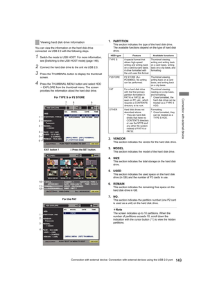 Page 149149Connection with external device: Connection with external devices using the USB 2.0 port
Connection with external device
You can view the information on the hard disk drive 
connected via USB 2.0 with the following steps.
1Switch the mode to USB HOST. For more information, 
see [Switching to the USB HOST mode] (page 148).
2Connect the hard disk drive to the unit via USB 2.0.
3Press the THUMBNAIL button to display the thumbnail 
screen.
4Press the THUMBNAIL MENU button and select HDD 
 EXPLORE from...