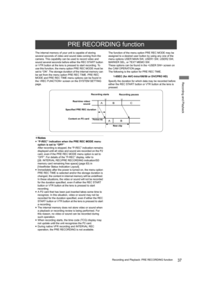 Page 3737Recording and Playback: PRE RECORDING function
Recording and Playback
The internal memory of your unit is capable of storing 
several seconds of video and sound data coming from the 
camera. This capability can be used to record video and 
sound several seconds before either the REC START button 
or VTR button at the lens is pressed to start recording. To 
use this function, the menu option PRE REC MODE must be 
set to “ON”. The storage duration of the internal memory can 
be set from the menu option...