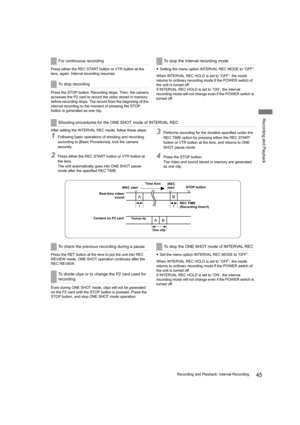 Page 4545Recording and Playback: Interval Recording
Recording and Playback
Press either the REC START button or VTR button at the 
lens, again. Interval recording resumes.
Press the STOP button. Recording stops. Then, the camera 
accesses the P2 card to record the video stored in memory 
before recording stops. The record from the beginning of the 
interval recording to the moment of pressing the STOP 
button is generated as one clip.ySetting the menu option INTERVAL REC MODE to “OFF”.
When INTERVAL REC HOLD is...