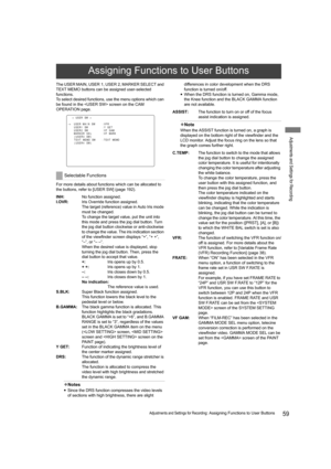 Page 5959Adjustments and Settings for Recording: Assigning Functions to User Buttons
Adjustments and Settings for Recording
The USER MAIN, USER 1, USER 2, MARKER SELECT and 
TEXT MEMO buttons can be assigned user-selected 
functions.
To select desired functions, use the menu options which can 
be found in the  screen on the CAM 
OPERATION page.
For more details about functions which can be allocated to 
the buttons, refer to [USER SW] (page 192).
INH:No function assigned.
I.OVR:Iris Override function assigned....