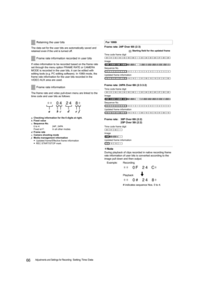 Page 6666Adjustments and Settings for Recording: Setting Time Data The data set for the user bits are automatically saved and 
retained even if the unit is turned off.
If video information to be recorded based on the frame rate 
set through the menu option FRAME RATE or CAMERA 
MODE is recorded in the user bits, it can be edited with 
editing tools (e.g. PC editing software). In 1080i mode, the 
frame rate information for the user bits recorded in the 
VIDEO AUX area are used.
The frame rate and video pull-down...