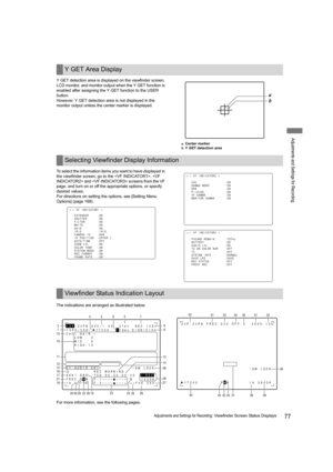 Page 7777Adjustments and Settings for Recording: Viewfinder Screen Status Displays
Adjustments and Settings for Recording
Y GET detection area is displayed on the viewfinder screen, 
LCD monitor, and monitor output when the Y GET function is 
enabled after assigning the Y GET function to the USER 
button. 
However, Y GET detection area is not displayed in the 
monitor output unless the center marker is displayed.
a.Center marker
b.Y GET detection area
To select the information items you want to have displayed...