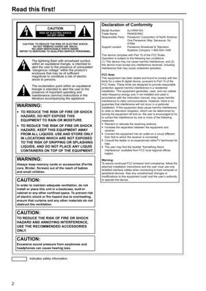 Page 22
Read this first!
indicates safety information.
WARNING:
TO REDUCE THE RISK OF FIRE OR SHOCK
HAZARD, DO NOT EXPOSE THIS
EQUIPMENT TO RAIN OR MOISTURE.
TO REDUCE THE RISK OF FIRE OR SHOCK
HAZARD, KEEP THIS EQUIPMENT AWAY
FROM ALL LIQUIDS. USE AND STORE ONLY
IN LOCATIONS WHICH ARE NOT EXPOSED
TO THE RISK OF DRIPPING OR SPLASHING
LIQUIDS, AND DO NOT PLACE ANY LIQUID
CONTAINERS ON TOP OF THE EQUIPMENT.
CAUTION:
In order to maintain adequate ventilation, do not
install or place this unit in a bookcase,...