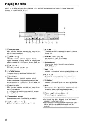Page 3232
Playing the clips
The PLAYER application starts up when the PLAY button is pressed after the clips to be played have been 
selected on the EXPLORE screen.
A
 
 (PREV button)
Each time this button is pressed, play jumps to the 
start of the previous clip.
B
   
 (REW button)
When this button is pressed, clips are played 
rapidly in reverse, skipping frames, at the playback 
speed specified on the SETTING screen (page 33).
C
 
 (PLAY button)
Press this button to play the clip.
D
 
 (PAUSE button)
Press...