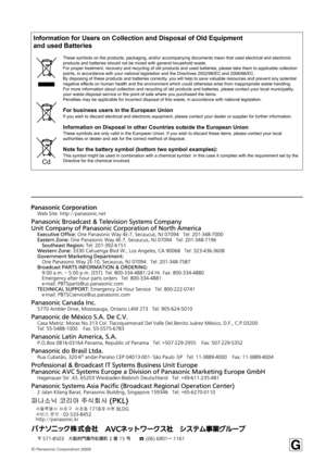 Page 48Information for Users on Collection and Disposal of Old Equipment
and used Batteries
These symbols on the products, packaging, and/or accompanying documents mean that used electrical and electronic
products and batteries should not be mixed with general household waste.
For proper treatment, recovery and recycling of old products and used batteries, please take them to applicable collection
points, in accordance with your national legislation and the Directives 2002/96/EC and 2006/66/EC.
By disposing of...