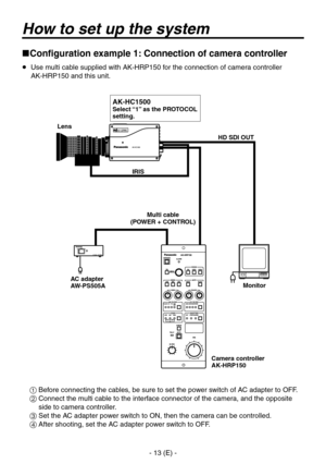 Page 14
- 1 (E) -

How to set up the system
Configuration example 1: Connection of camera controller
   Use multi cable supplied with AK-HRP150 for the connection of camera controller  
AK-HRP150 and this unit.
  Before connecting the cables, be sure to set the power switch of AC adapter to OFF.
   Connect the multi cable to the interface connector of the camera, and the opposite 
side to camera controller.
  Set the AC adapter power switch to ON, then the camera can be controlled.
  After shooting,...