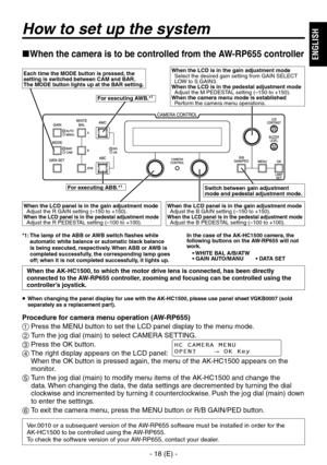 Page 19
- 18 (E) -
ENGLISH

How to set up the system
When the camera is to be controlled from the AW-RP655 controller
In the case of the AK-HC1500 camera, the following buttons on the AW-RP655 will not work.• WHITE BAL A/B/ATW• GAIN AUTO/MANU        • DATA SET
Procedure for camera menu operation (AW-RP655)
 Press the MENU button to set the LCD panel display to the menu mode.
  Turn the jog dial (main) to select CAMERA SETTING.
  Press the OK button.
   The right display appears on the LCD panel:   When the...