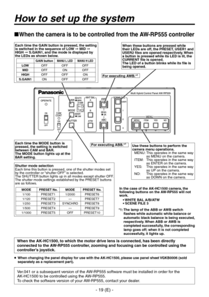 Page 20
- 19 (E) -

How to set up the system
When the camera is to be controlled from the AW-RP555 controller
In the case of the AK-HC1500 camera, the following buttons on the AW-RP555 will not work.• WHITE BAL A/B/ATW• SCENE FILE 3
When the AK-HC1500, to which the motor drive lens is connected, has been directly connected to the AW-RP555 controller, zooming and focusing can be controlled using the controller’s joystick.
Each time the GAIN button is pressed, the setting is switched in the sequence of LOW  MID...