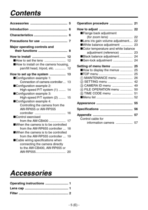 Page 6
- 5 (E) -

Contents
Accessories
Accessories  .......................................... 5
Introduction   ........................................... 6
Characteristics   ...................................... 6
Precautions for use   .............................. 7
Major operating controls and  
their functions   ................................. 8 
How to install   ...................................... 12
 How to set the lens   ........................  1
 How to install on the camera housing,...