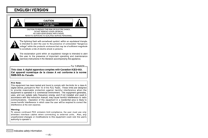 Page 2
 indicates safety information.
CAUTION
RISK OF ELECTRIC SHOCK DO NOT OPEN
CAUTION: TO REDUCE THE RISK OF ELECTRIC SHOCK, 
DO NOT REMOVE COVER (OR BACK).
NO USER SERVICEABLE PARTS INSIDE.
REFER TO SERVICING TO QUALIFIED SERVICE PERSONNEL.
The  lightning  flash  with  arrowhead  symbol,  within  an  equilateral  triangle, 
is  intended  to  alert  the  user  to  the  presence  of  uninsulated  “dangerous 
voltage” within the product’s enclosure that may be of sufficient magnitude 
to constitute a risk of...