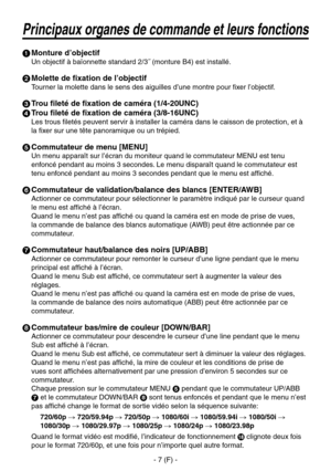 Page 110
- 7 (F) -

Principaux organes de commande et leurs fonctions
 Monture d’objectif
Un objectif à baïonnette standard 2/3˝ (monture B4) est installé.
 Molette de fixation de l’objectif
Tourner la molette dans le sens des aiguilles d’une montre pour fixer l’objectif.
 Trou fileté de fixation de caméra (1/4-20UNC)
 Trou fileté de fixation de caméra (3/8-16UNC)
Les trous filetés peuvent servir à installer la caméra dans le caisson de protection, et à 
la fixer sur une tête panoramique ou un trépied.
...