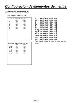 Page 236
- 33 (S) -

Configuración de elementos de menús
 �� COLOR CORRECTION(1/2) ��             SAT       PHASE  R        +00        +00  Mg       +00        +00  B        +00        +00  Cy       +00        +00  G        +00        +00  Yl       +00        +00
 �� COLOR CORRECTION(2/2) ��             SAT       PHASE  R-Mg     +00        +00  Mg-B     +00        +00  B-Cy     +00        +00  Cy-G     +00        +00  G-Yl     +00        +00  Yl-R     +00        +00
 Menú MAINTENANCE
R  SAT/PHASE [–63 a +63]
Mg...