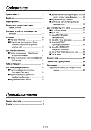 Page 256
- 3 (R) -

Содержание
Принадлежности
Принадлежности  ................................................... 3
Введение
  ................................................................ 4
Характеристики ...................................................... 4
Меры предосторожности во время  использования
  ............................................... 5
Основные устройства управления и их  функции
  ........................................................... 6 
Установка...