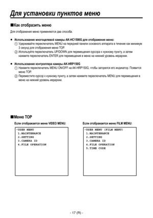 Page 270
- 17 (R) -

Для установки пунктов меню
Как отобразить меню
Для отображения меню применяются два способа.
  Использование многоцелевой камеры AK-HC1500G для отображения меню:
  Удерживайте переключатель MENU на передней панели основного аппарата в течение как минимум 3 секунд для отображения меню TOP.
  Используйте переключатель UP/DOWN для перемещения курсора к нужному пункту, а затем нажмите переключатель ENTER для перемещения в меню на нижний уровень иерархии.
  Использование контроллера камеры...