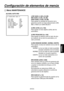 Page 231
- 28 (S) -
ESPA
ÑOL

Configuración de elementos de menús
 Menú MAINTENANCE
[8] GAIN, AUTO IRIS
 �� GAIN,AUTO IRIS ��    LOW GAIN         :0dB  MID GAIN         :9dB  HIGH GAIN        :18dB  A.IRIS LEVEL     :050  A.IRIS PEAK/AVE  :050  A.IRIS WINDOW    :NORM1  IRIS MODE        :LENS  IRIS GAIN        :05 
LOW GAIN [–6 dB a 30 dB]
MID GAIN [–6 dB a 30 dB]
HIGH GAIN [–6 dB a 30 dB]
Para ajustar la cantidad de aumento de la 
ganancia cuando se haya seleccionado LOW, 
MID o HIGH con GAIN SELECT.
A.IRIS...