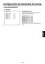 Page 235
- 32 (S) -
ESPA
ÑOL

Configuración de elementos de menús
 Menú MAINTENANCE
 �� MATRIX ��      MATRIX TABLE     :A  MATRIX R-G       :+00  MATRIX R-B       :+00  MATRIX G-R       :+00  MATRIX G-B       :+00  MATRIX B-R       :+00  MATRIX B-G       :+00  
MATRIX TABLE [A, B]
Para seleccionar la tabla en la que se van a 
guardar los datos de matriz.
MATRIX R-G [–31 a +31]
MATRIX R-B [–31 a +31]
MATRIX G-R [–31 a +31]
MATRIX G-B [–31 a +31]
MATRIX B-R [–31 a +31]
MATRIX B-G [–31 a +31]
Para ajustar el tono...