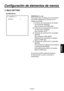 Page 243
- 40 (S) -
ESPA
ÑOL

Configuración de elementos de menús
 ����PROTOCOL ��    PROTOCOL          :1
 Menú SETTING
PROTOCOL [1 a 4]
Para seleccionar el sistema de comunicación 
de mando a distancia de acuerdo con el 
sistema conectado.
1:   Protocolo de comunicación de cámara de información (EIA422)
 
Para conectar el AK-HRP150G
2:   Protocolo de comunicación de cámara  de información (EIA232)
 
Para conectar un PC
3:   Protocolo de control de PC convertible 
(EIA422) 
Para conectar el AW-CB400...