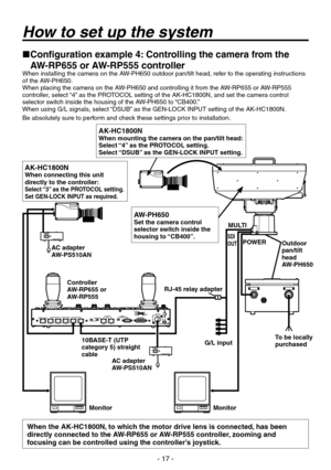 Page 17
- 17 -

 
Configuration example 4: Controlling the camera from the 
AW-RP655 or AW-RP555 controllerWhen installing the camera on the AW-PH650 outdoor pan/tilt head, refer to the operating instructions of the AW-PH650.When placing the camera on the AW-PH650 and controlling it from the AW-RP655 or AW-RP555 
controller, select “” as the PROTOCOL setting of the AK-HC1800N, and set the camera control 
selector switch inside the housing of the AW-PH650 to “CB00.”
When using G/L signals, select...