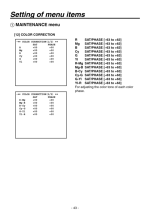 Page 43
-  -

 MAINTENANCE menu
[12] COLOR CORRECTION
R SAT/PHASE [–63 to +63]
Mg  SAT/PHASE [–63 to +63]
B  SAT/PHASE [–63 to +63]
Cy  SAT/PHASE [–63 to +63]
G  SAT/PHASE [–63 to +63]
Yl  SAT/PHASE [–63 to +63]
R-Mg  SAT/PHASE [–63 to +63]
Mg-B  SAT/PHASE [–63 to +63]
B-Cy  SAT/PHASE [–63 to +63]
Cy-G  SAT/PHASE [–63 to +63]
G-Yl  SAT/PHASE [–63 to +63]
Yl-R  SAT/PHASE [–63 to +63]
For adjusting the color tone of each color 
phase.
Setting of menu items 