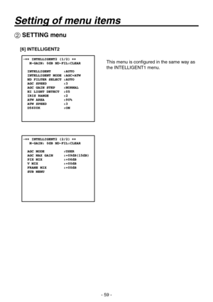 Page 59
- 59 -

 SETTING menu
[6] INTELLIGENT2
This menu is configured in the same way as 
the INTELLIGENT1 menu.
Setting of menu items 