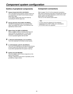 Page 1818
Component system configuration
Outline of peripheral components
1 Camera Control Unit (CCU: AK-HCU931)
 
  This is the Multi-Format Camera’s camera control unit.   
It is connected to the Multi-Format Camera using an 
optical fiber cable. 
It can support HD/SD video input and output by 
connecting the HD/SD output unit.
2  Remote Operation Panel (ROP: AK-HRP931)
 
  The ROP is connected to the CCU using the ROP 
cable, and enables the camera, CCU and lens to be 
operated by remote control.
3  Master...