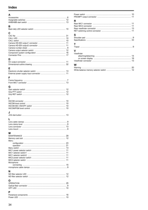 Page 343435
Index
AAccessories  ............................................................................................ 6Assignable switches  ............................................................................ 12AWB/ABB start switch  ......................................................................... 13
BBack tally LED selector switch   ............................................................. 10
CCAC file...