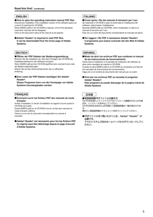 Page 545
Read this first! (continued)
ENGLISH
 „How to open the operating instruction manual PDF filesDiscontinue installation if the installation screen of the software opens as 
a result of inserting the CD-ROM.
When [INDEX.pdf] on the CD-ROM is opened, a list of the operating 
instruction manuals will be displayed.
Click on the document name of the manual to be opened.
 „Adobe® Reader® is required to read PDF files.
It can be downloaded from the home page of Adobe 
Systems.
DEUTSCH
 „ Öffnen...